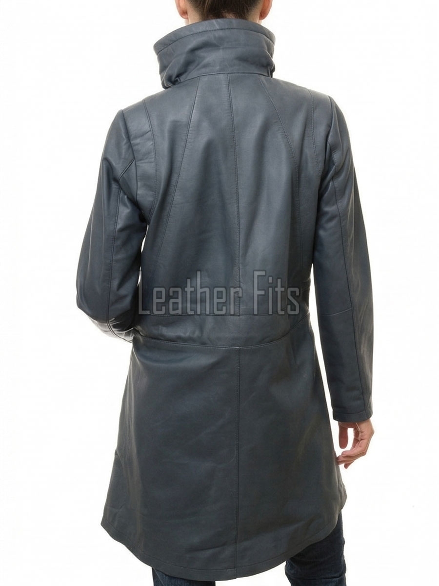 Espresso Black Leather Overcoat - Women's Off Center Zip High Collar Belted Longline Military Style Epaulets Premium Tailored Piece