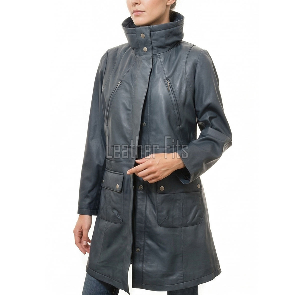 Espresso Black Leather Overcoat - Women's Off Center Zip High Collar Belted Longline Military Style Epaulets Premium Tailored Piece