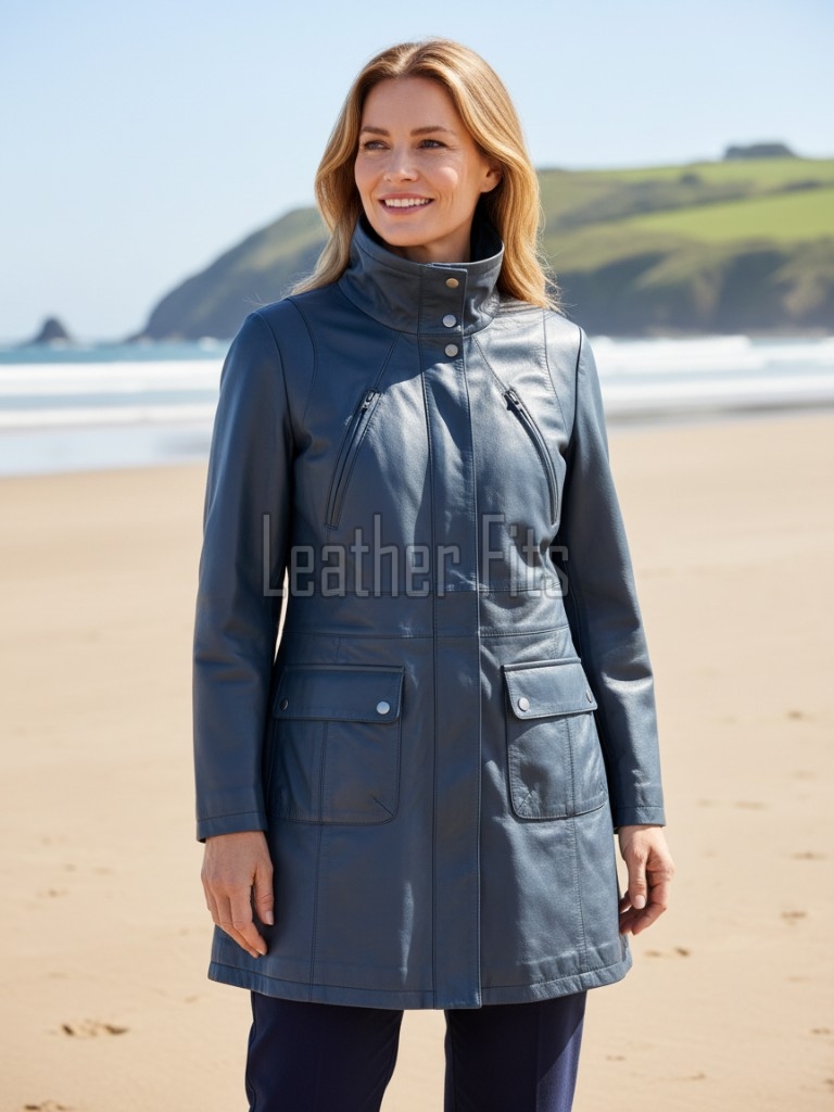 Espresso Black Leather Overcoat - Women's Off Center Zip High Collar Belted Longline Military Style Epaulets Premium Tailored Piece