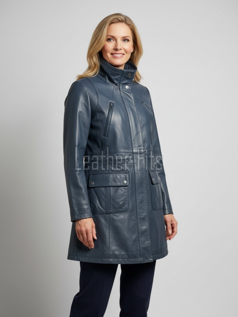 Espresso Black Leather Overcoat - Women's Off Center Zip High Collar Belted Longline Military Style Epaulets Premium Tailored Piece