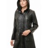 Elite Onyx Black Leather Longline Coat - Women's Hooded Central Zip Multi Pocket Trench Style Mid Length Slim Fit Premium Classic Overcoat