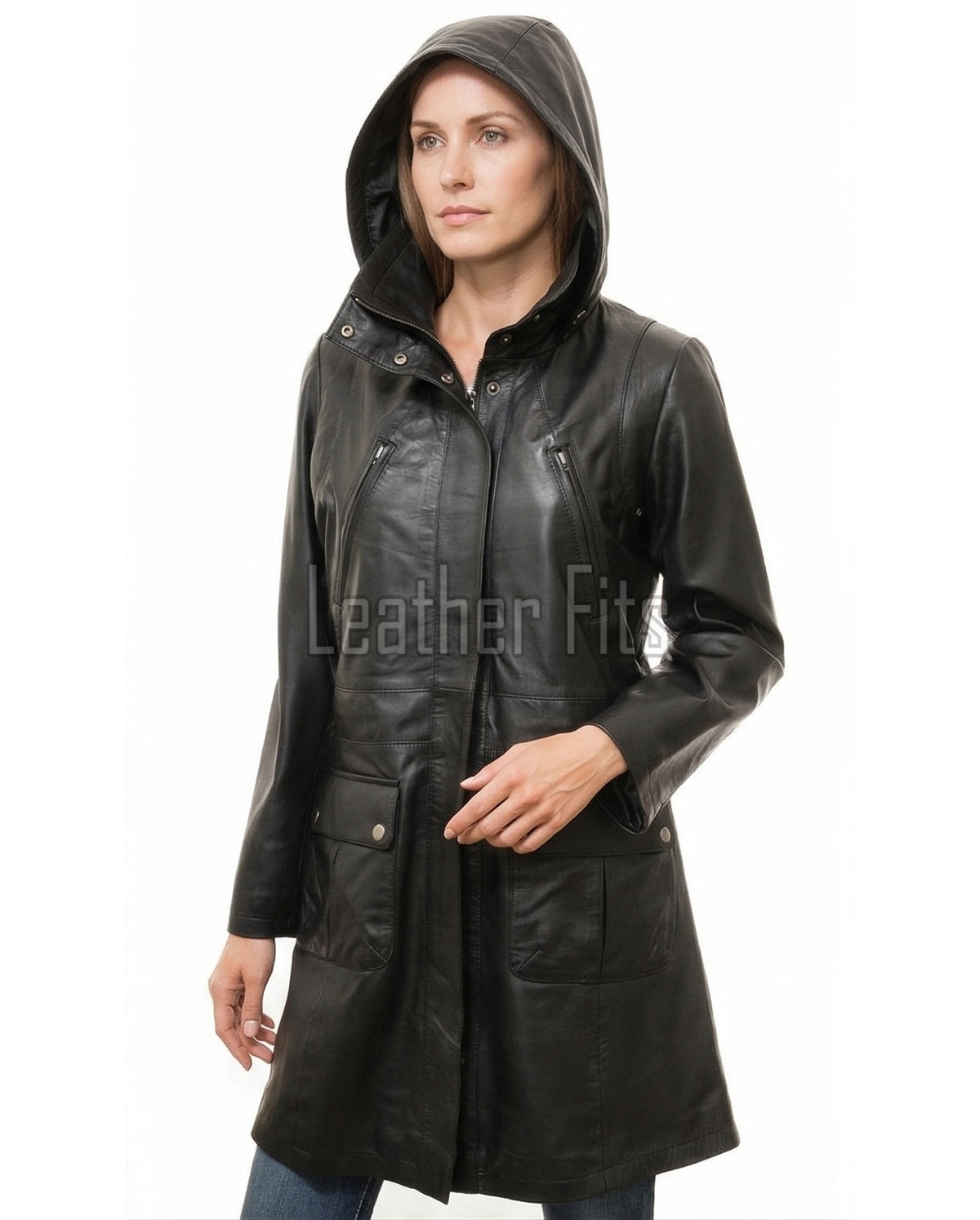Elite Onyx Black Leather Longline Coat - Women's Hooded Central Zip Multi Pocket Trench Style Mid Length Slim Fit Premium Classic Overcoat