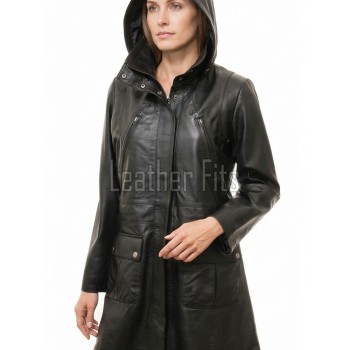 Elite Onyx Black Leather Longline Coat - Women's Hooded Central Zip Multi Pocket Trench Style Mid Length Slim Fit Premium Classic Overcoat
