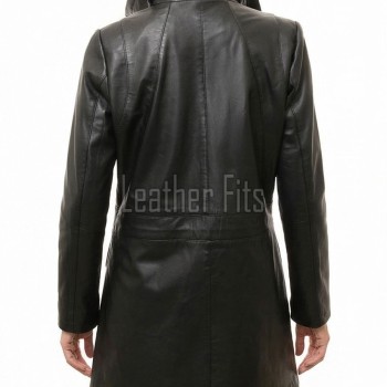Elite Onyx Black Leather Longline Coat - Women's Hooded Central Zip Multi Pocket Trench Style Mid Length Slim Fit Premium Classic Overcoat