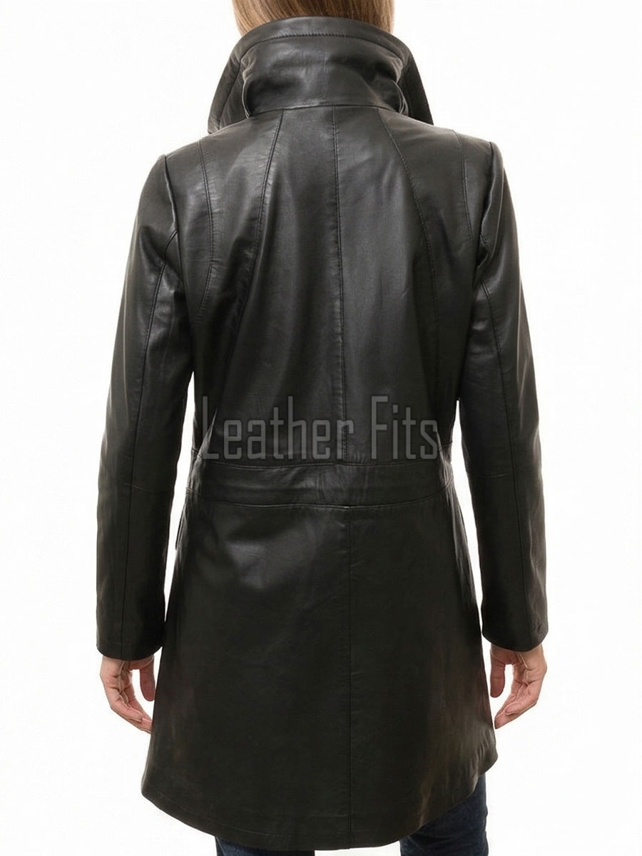Elite Onyx Black Leather Longline Coat - Women's Hooded Central Zip Multi Pocket Trench Style Mid Length Slim Fit Premium Classic Overcoat