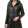 Elite Onyx Black Leather Longline Coat - Women's Hooded Central Zip Multi Pocket Trench Style Mid Length Slim Fit Premium Classic Overcoat