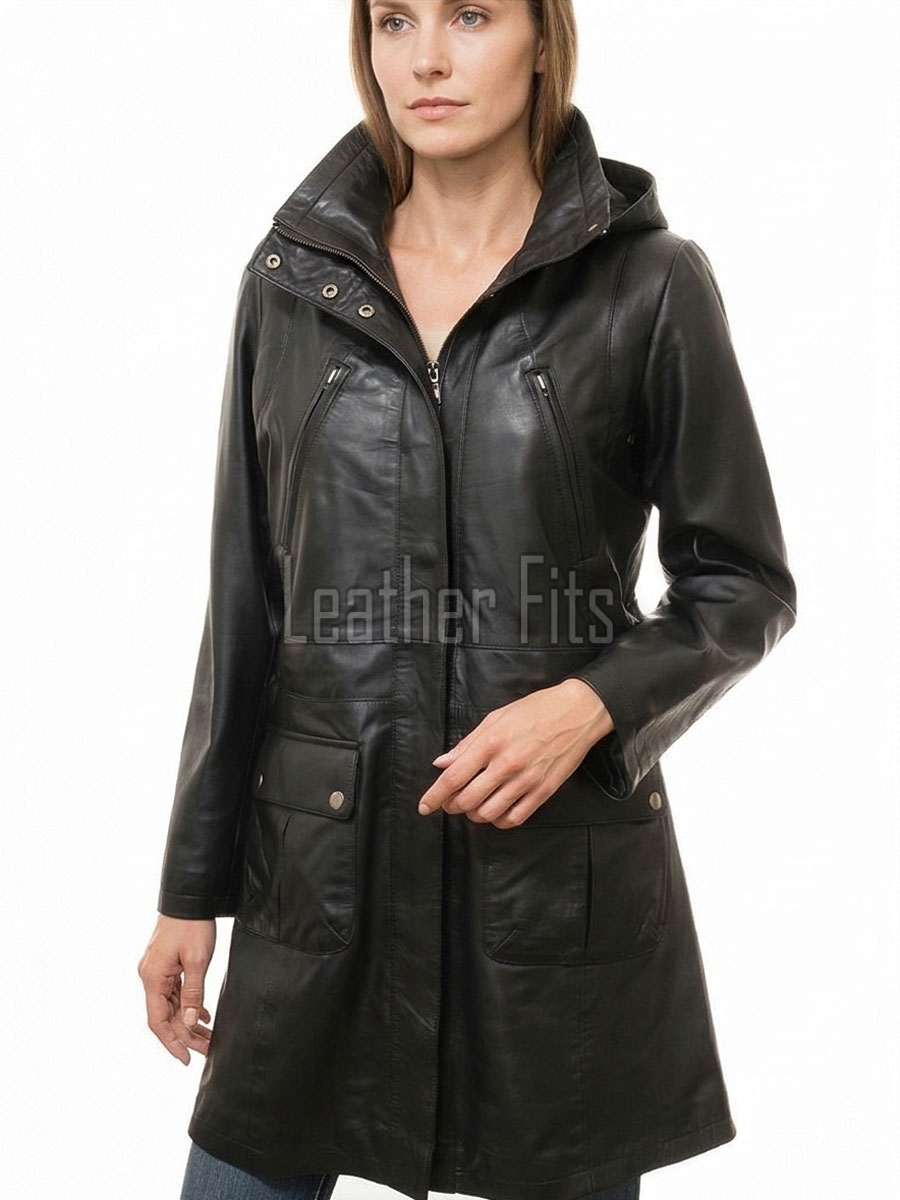 Elite Onyx Black Leather Longline Coat - Women's Hooded Central Zip Multi Pocket Trench Style Mid Length Slim Fit Premium Classic Overcoat