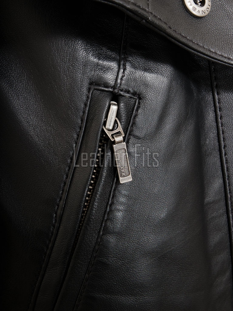 Elite Onyx Black Leather Longline Coat - Women's Hooded Central Zip Multi Pocket Trench Style Mid Length Slim Fit Premium Classic Overcoat