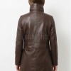 Cocoa Brown Leather Longline Coat - Women's High Funnel Neck Hidden Zip Multi Pocket Trench Style Mid Length Slim Fit Overcoat