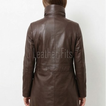 Cocoa Brown Leather Longline Coat - Women's High Funnel Neck Hidden Zip Multi Pocket Trench Style Mid Length Slim Fit Overcoat