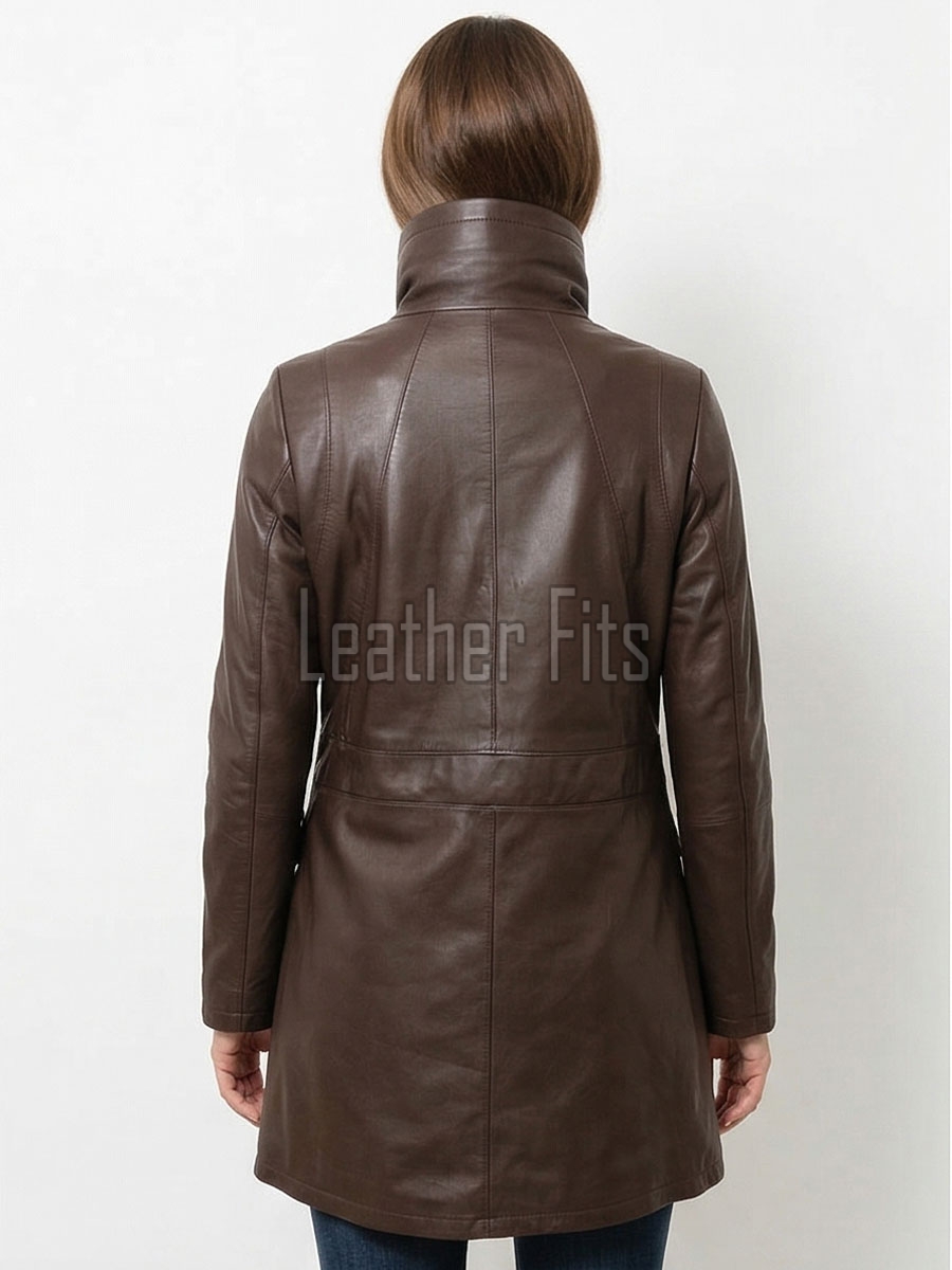 Cocoa Brown Leather Longline Coat - Women's High Funnel Neck Hidden Zip Multi Pocket Trench Style Mid Length Slim Fit Overcoat