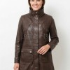 Cocoa Brown Leather Longline Coat - Women's High Funnel Neck Hidden Zip Multi Pocket Trench Style Mid Length Slim Fit Overcoat