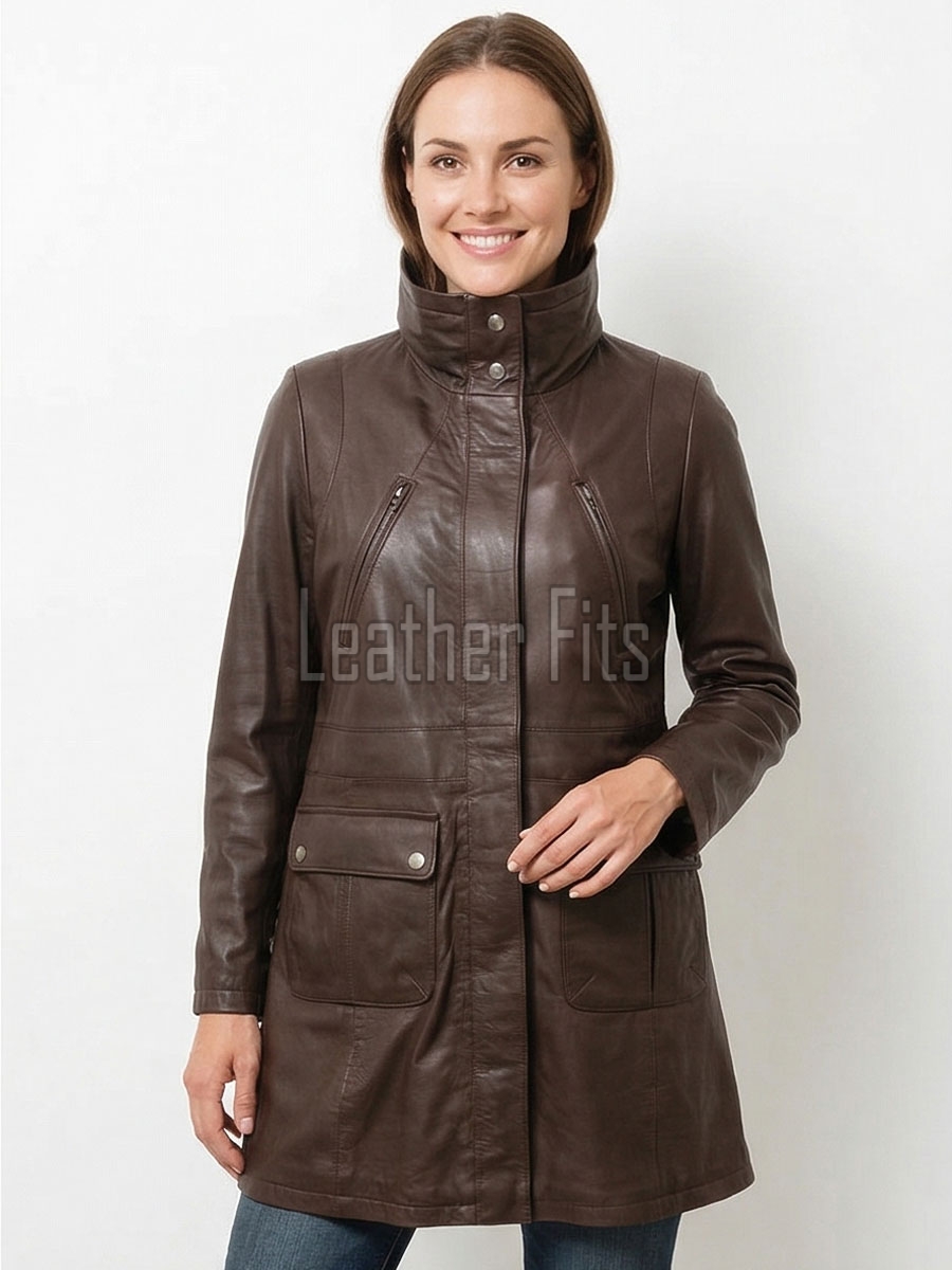 Cocoa Brown Leather Longline Coat - Women's High Funnel Neck Hidden Zip Multi Pocket Trench Style Mid Length Slim Fit Overcoat