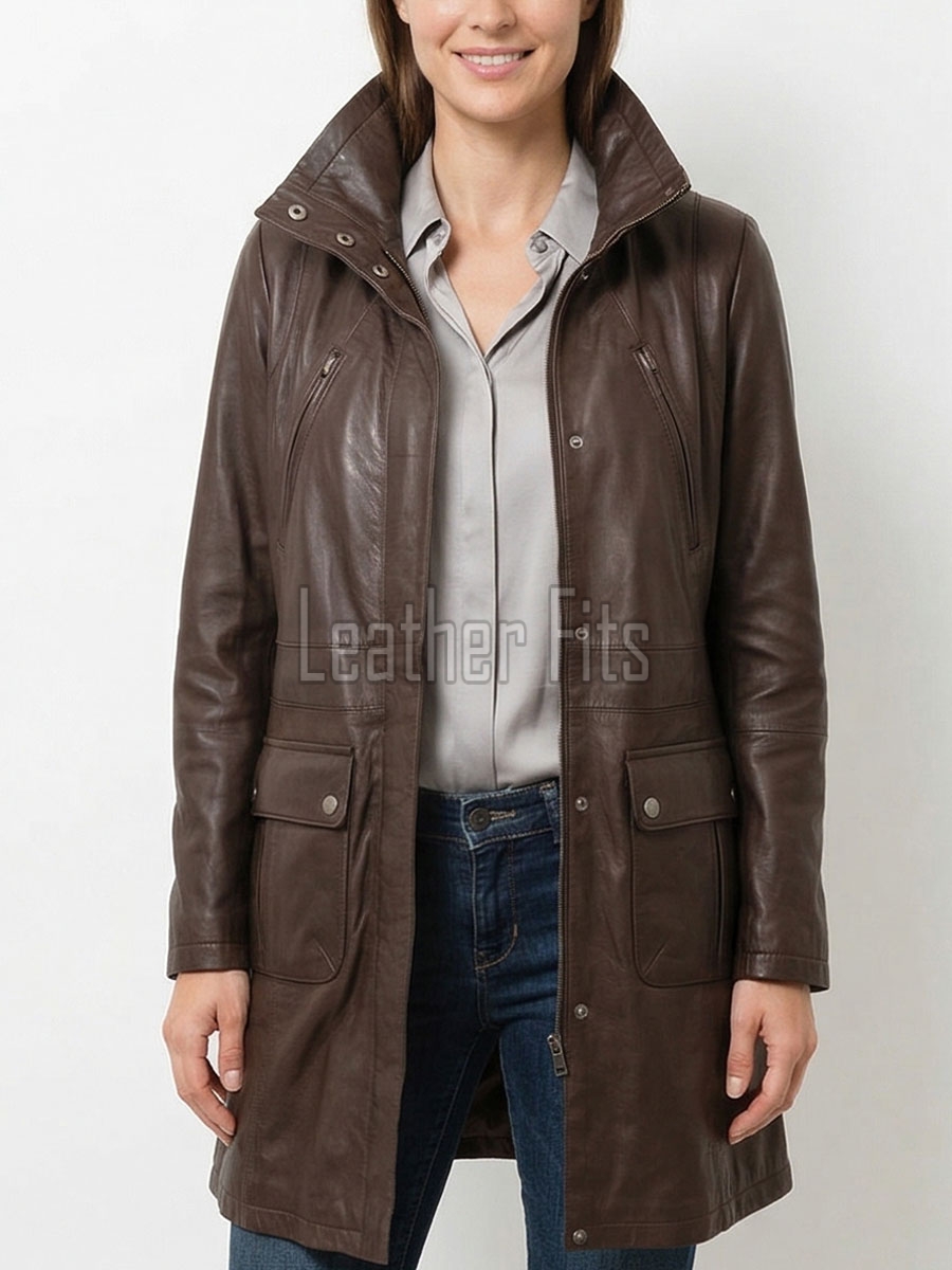 Cocoa Brown Leather Longline Coat - Women's High Funnel Neck Hidden Zip Multi Pocket Trench Style Mid Length Slim Fit Overcoat