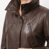 Cocoa Brown Leather Longline Coat - Women's High Funnel Neck Hidden Zip Multi Pocket Trench Style Mid Length Slim Fit Overcoat