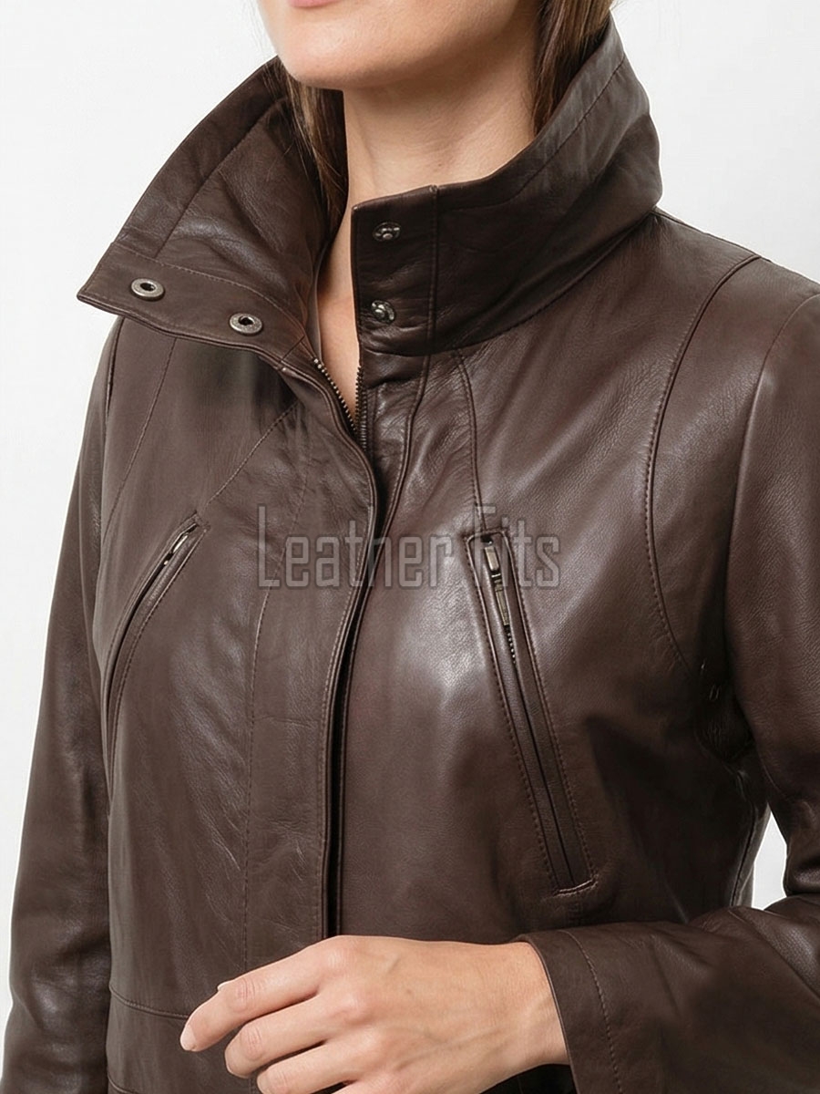 Cocoa Brown Leather Longline Coat - Women's High Funnel Neck Hidden Zip Multi Pocket Trench Style Mid Length Slim Fit Overcoat