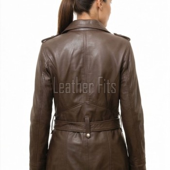 Majestic Umber Brown Leather Trench Overcoat - Women's Belted Zip Front Slim Fit Mid Length Military Style Premium Grade Classic Outerwear
