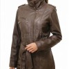 Majestic Umber Brown Leather Trench Overcoat - Women's Belted Zip Front Slim Fit Mid Length Military Style Premium Grade Classic Outerwear