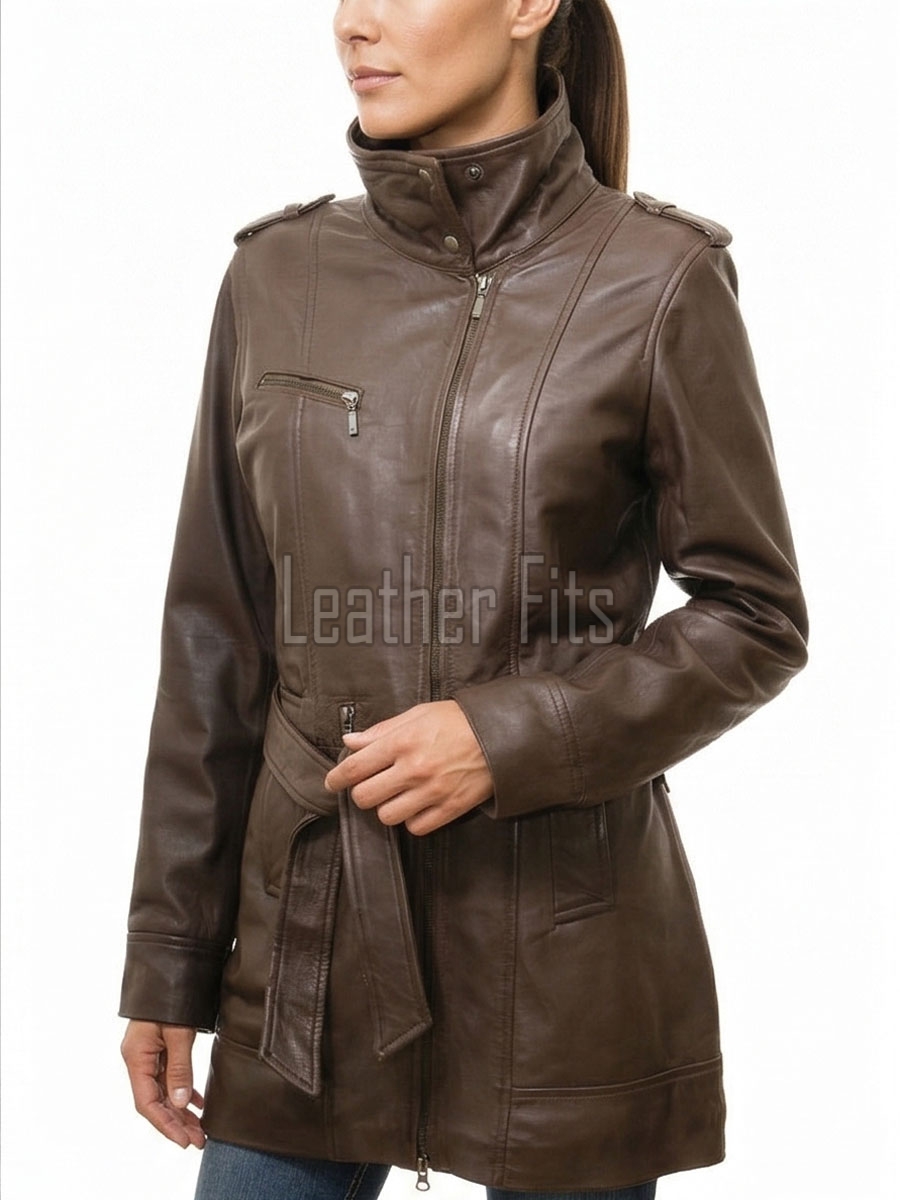 Majestic Umber Brown Leather Trench Overcoat - Women's Belted Zip Front Slim Fit Mid Length Military Style Premium Grade Classic Outerwear