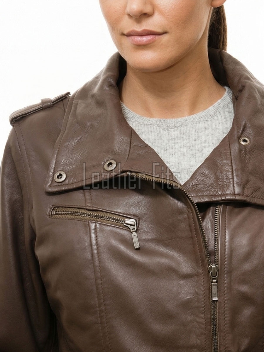 Majestic Umber Brown Leather Trench Overcoat - Women's Belted Zip Front Slim Fit Mid Length Military Style Premium Grade Classic Outerwear