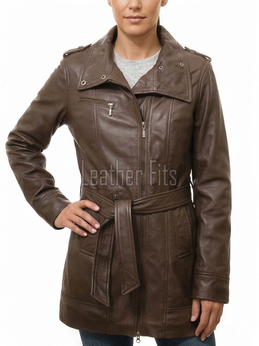 Majestic Umber Brown Leather Trench Overcoat - Women's Belted Zip Front Slim Fit Mid Length Military Style Premium Grade Classic Outerwear