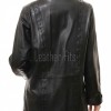 Onyx Black Leather Longline Coat - Women's Intricate Woven Detail Button Front Classic Collar Mid Length Fitted Premium Overcoat