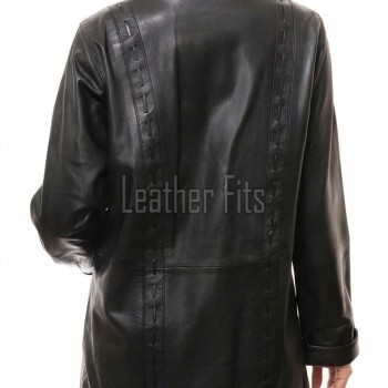 Onyx Black Leather Longline Coat - Women's Intricate Woven Detail Button Front Classic Collar Mid Length Fitted Premium Overcoat