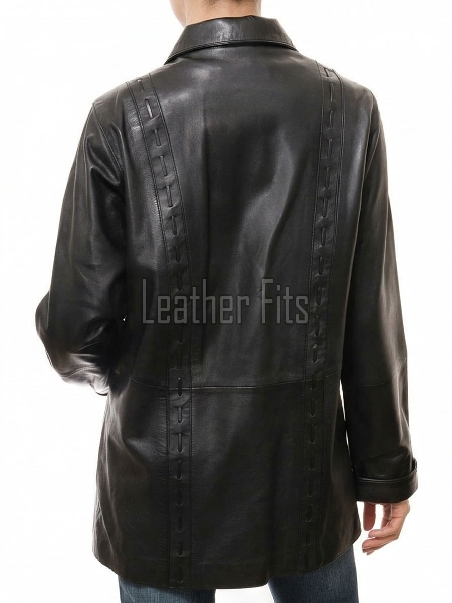 Onyx Black Leather Longline Coat - Women's Intricate Woven Detail Button Front Classic Collar Mid Length Fitted Premium Overcoat
