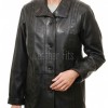 Onyx Black Leather Longline Coat - Women's Intricate Woven Detail Button Front Classic Collar Mid Length Fitted Premium Overcoat