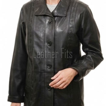 Onyx Black Leather Longline Coat - Women's Intricate Woven Detail Button Front Classic Collar Mid Length Fitted Premium Overcoat