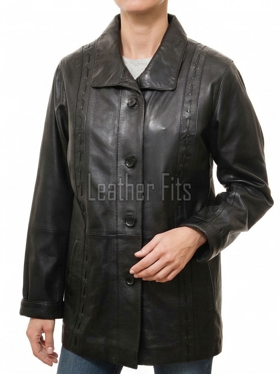Onyx Black Leather Longline Coat - Women's Intricate Woven Detail Button Front Classic Collar Mid Length Fitted Premium Overcoat