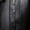Onyx Black Leather Longline Coat - Women's Intricate Woven Detail Button Front Classic Collar Mid Length Fitted Premium Overcoat
