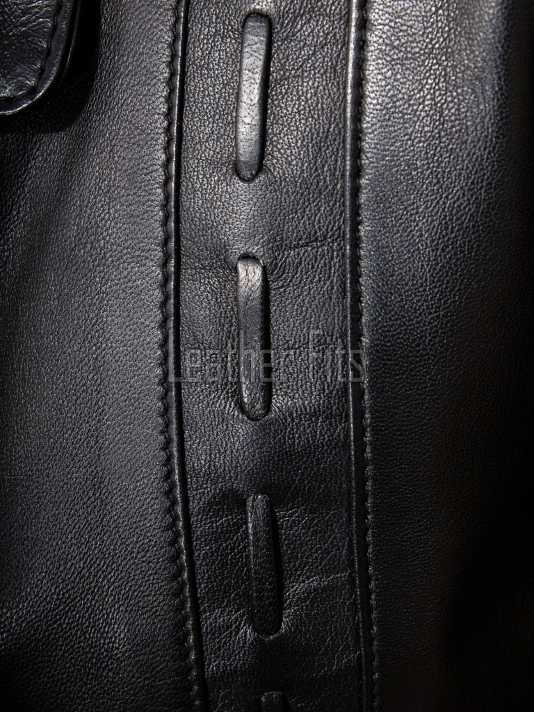 Onyx Black Leather Longline Coat - Women's Intricate Woven Detail Button Front Classic Collar Mid Length Fitted Premium Overcoat