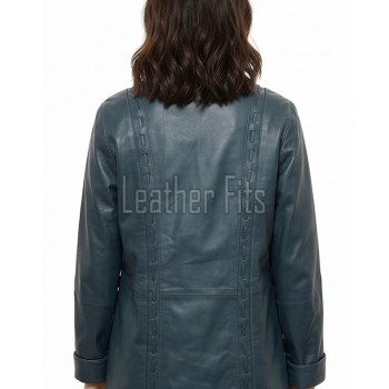 Teal Blue Leather Longline Coat - Women's Handcrafted Woven Detail Button Front Classic Collar Mid Length Fitted Premium Overcoat