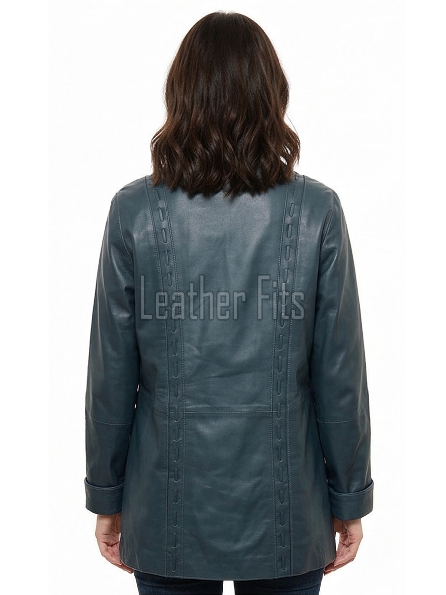 Teal Blue Leather Longline Coat - Women's Handcrafted Woven Detail Button Front Classic Collar Mid Length Fitted Premium Overcoat