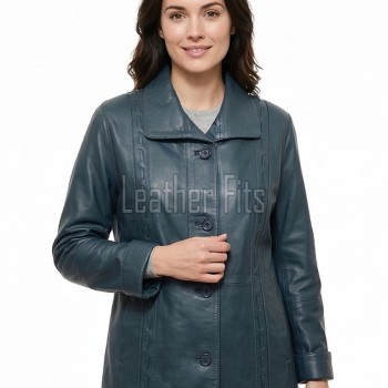 Teal Blue Leather Longline Coat - Women's Handcrafted Woven Detail Button Front Classic Collar Mid Length Fitted Premium Overcoat