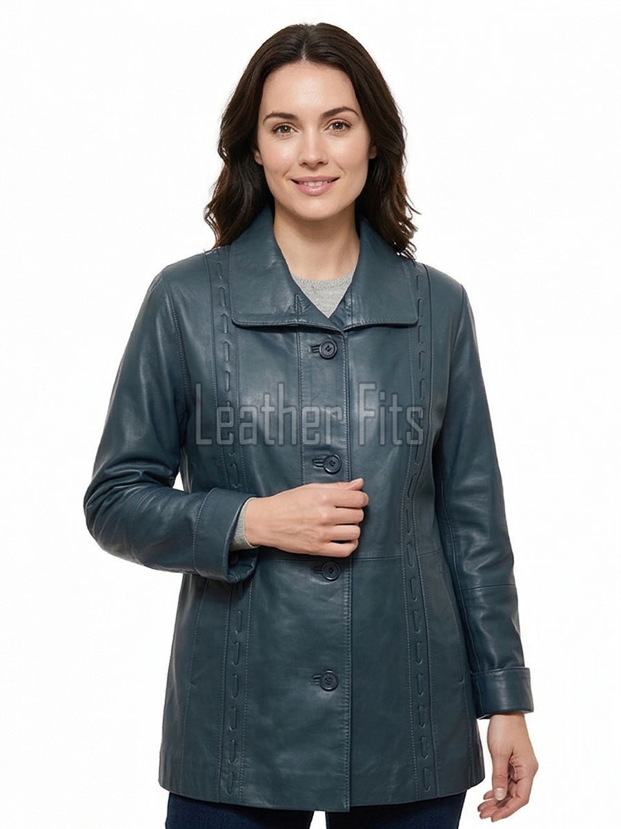 Teal Blue Leather Longline Coat - Women's Handcrafted Woven Detail Button Front Classic Collar Mid Length Fitted Premium Overcoat