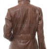 Chestnut Brown Leather Longline Coat - Women's Belted Zip Front High Funnel Collar Mid Length Slim Fit Premium Classic Tailored Coat.