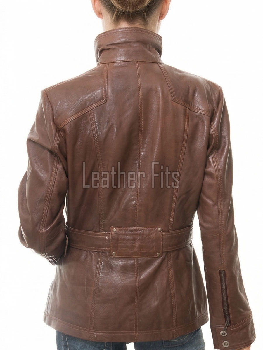 Chestnut Brown Leather Longline Coat - Women's Belted Zip Front High Funnel Collar Mid Length Slim Fit Premium Classic Tailored Coat.