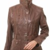 Chestnut Brown Leather Longline Coat - Women's Belted Zip Front High Funnel Collar Mid Length Slim Fit Premium Classic Tailored Coat.