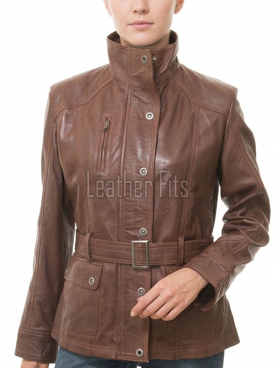 Chestnut Brown Leather Longline Coat - Women's Belted Zip Front High Funnel Collar Mid Length Slim Fit Premium Classic Tailored Coat.