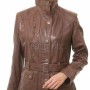 Chestnut Brown Leather Longline Coat - Women's Belted Zip Front High Funnel Collar Mid Length Slim Fit Premium Classic Tailored Coat.