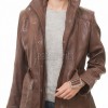 Chestnut Brown Leather Longline Coat - Women's Belted Zip Front High Funnel Collar Mid Length Slim Fit Premium Classic Tailored Coat.