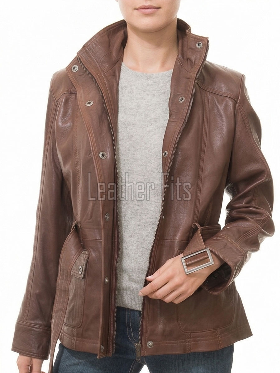 Chestnut Brown Leather Longline Coat - Women's Belted Zip Front High Funnel Collar Mid Length Slim Fit Premium Classic Tailored Coat.
