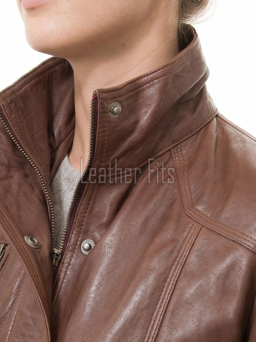 Chestnut Brown Leather Longline Coat - Women's Belted Zip Front High Funnel Collar Mid Length Slim Fit Premium Classic Tailored Coat.