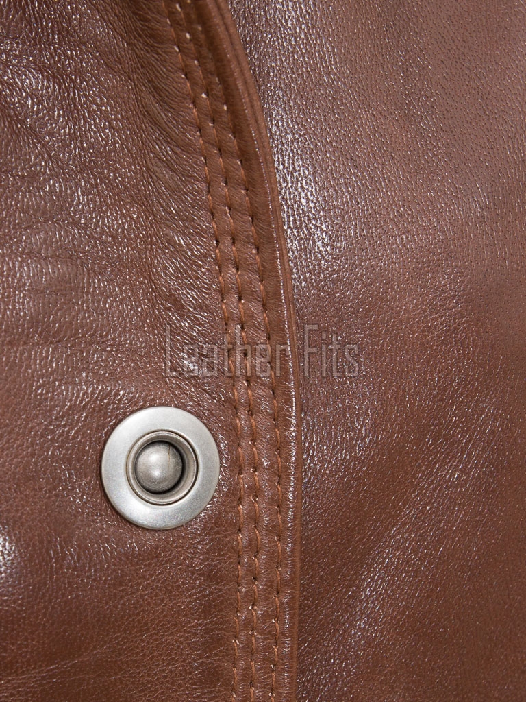 Chestnut Brown Leather Longline Coat - Women's Belted Zip Front High Funnel Collar Mid Length Slim Fit Premium Classic Tailored Coat.