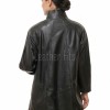 Elegant Black Leather Longline Coat - Women's High Funnel Neck Button Placket Flared Panel Mid Length Premium Fitted Winter Overcoat Garment