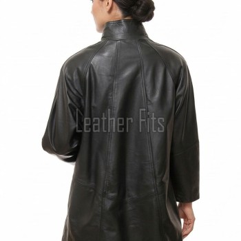 Elegant Black Leather Longline Coat - Women's High Funnel Neck Button Placket Flared Panel Mid Length Premium Fitted Winter Overcoat Garment