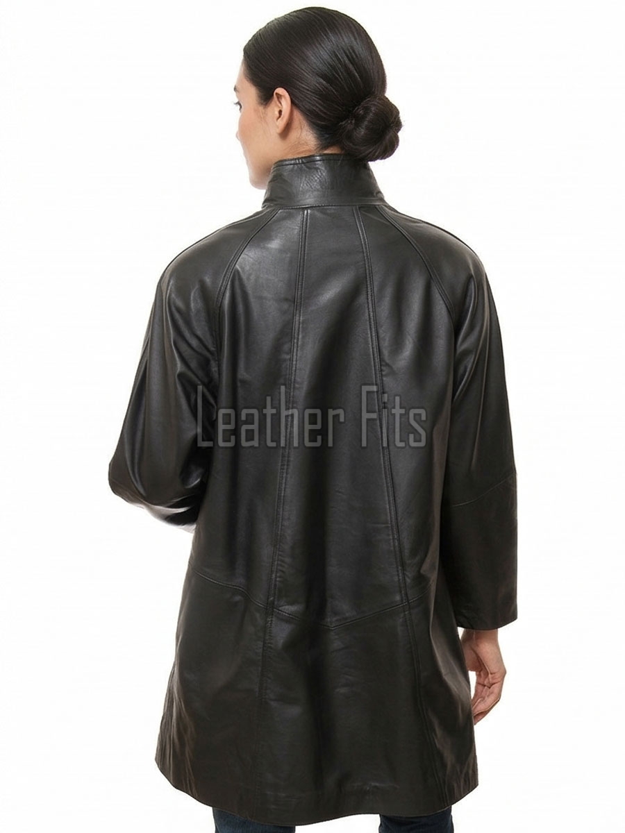 Elegant Black Leather Longline Coat - Women's High Funnel Neck Button Placket Flared Panel Mid Length Premium Fitted Winter Overcoat Garment