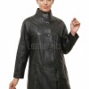 Elegant Black Leather Longline Coat - Women's High Funnel Neck Button Placket Flared Panel Mid Length Premium Fitted Winter Overcoat Garment